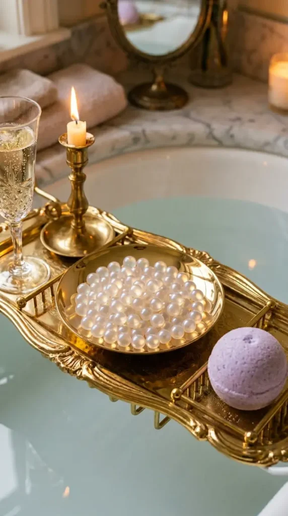 6 Luxury Bathtub Decor Ideas With an Old Hollywood Gold Tray 4 4. Bath Pearls and Effervescent Bath Bombs in a Gold Dish
