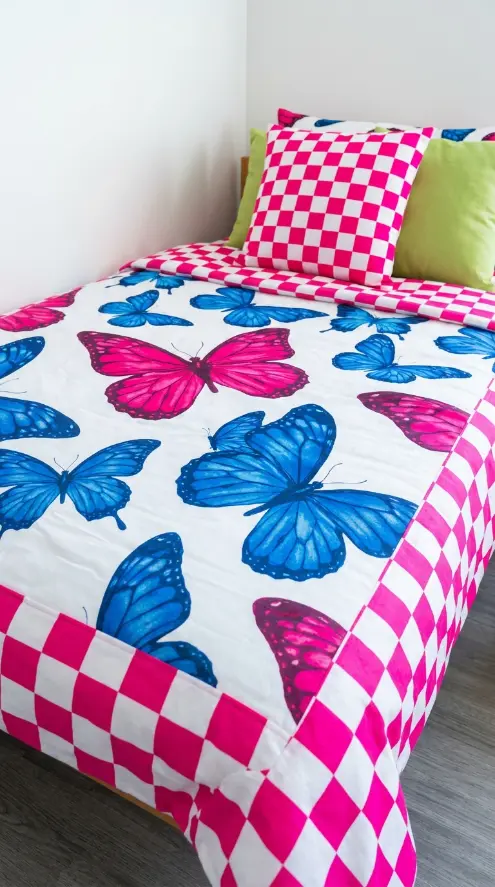 13 Dorm Bed Inspo Y2K Retro Colorful Bold Twin XL Style 4 4. Checkerboard Pattern as a Graphic Border Detail