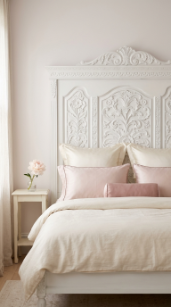 17 Bedroom Aesthetic Romantic Soft Luxe Peony Silk Style 4 4. Choose a White Painted Ornate Bed Frame With Carved Detail