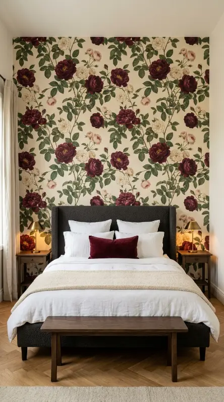 15 Vibrant Floral Wallpaper Accent Wall Room Decor 4 4. Climbing Rose Floral Accent Wall in the Bedroom — Deep Burgundy and Cream
