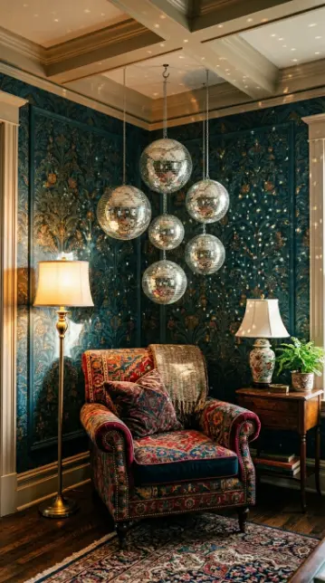 20 Bedazzled Mirror Disco Ball Living Room Maximalist Wall 4 4. Cluster of Small Disco Balls Hanging at Varied Heights