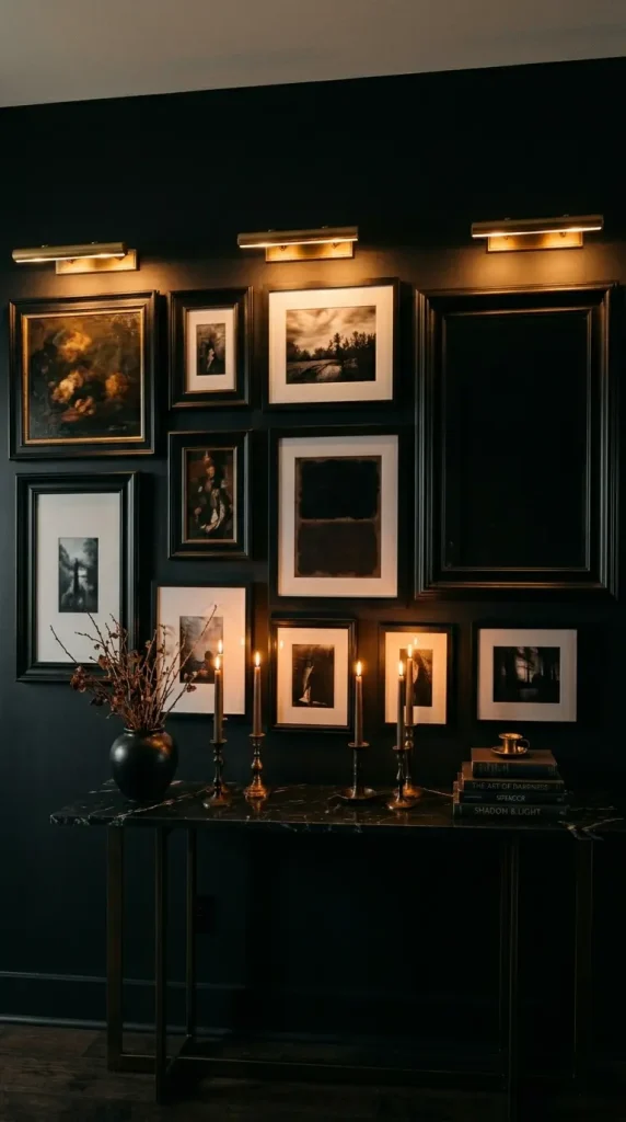 18 Console Table Decor Maximalist Gallery Wall Picture Lights 4 4. Dark Moody Console Wall — Black Frames and Warm Picture Lights