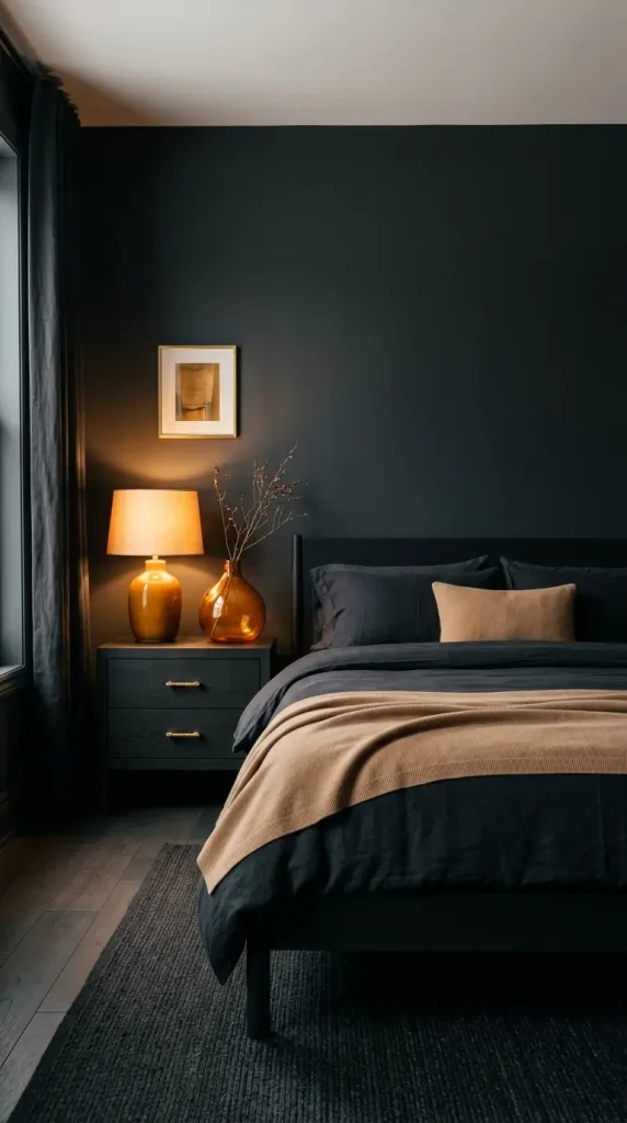 13 Minimalist Luxury Bedroom Dark Moody Charcoal Dramatic Calm 4 4. Dark Walls With Warm Amber Accents Throughout