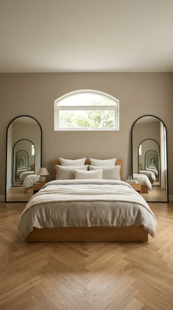 14 Big Mirror in Bedroom Leaning Arch Black Frame Greige 4 4. Double Leaning Arch Mirror Symmetry Flanking the Bed