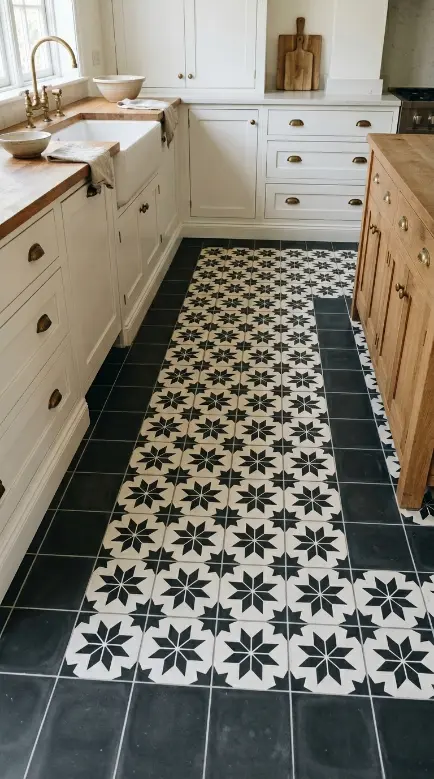 26 Kitchen Flooring Ideas for Farmhouse Black White Encaustic 4 4. Encaustic Tile Floor With Dark Charcoal Border