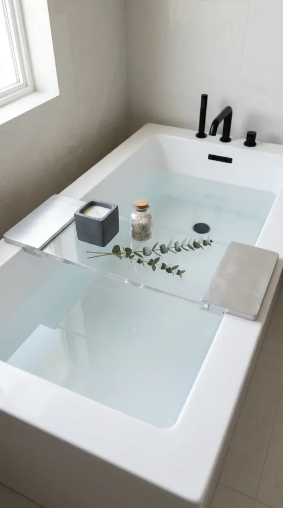 20 Bathtub Tray Clear Acrylic Modern Minimal Floating Look 4 4. Expandable Acrylic and Aluminum Tray at Its Full Extended Width