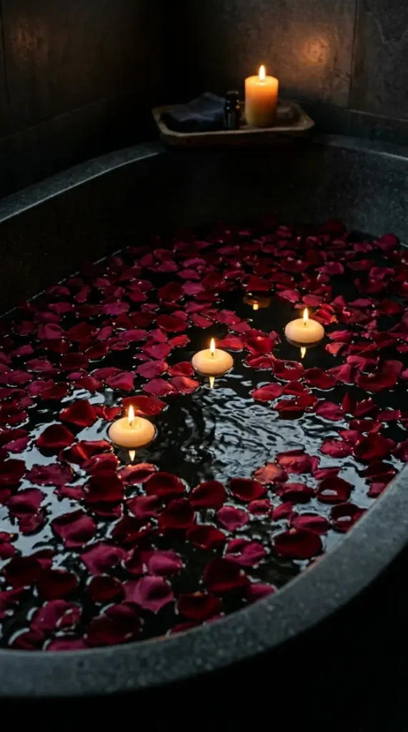 15 Bath Tub Decor Ideas Dark Moody Candlelit Night Soak 4 4. Float Rose Petals and Votive Candles in the Dark Bath Water