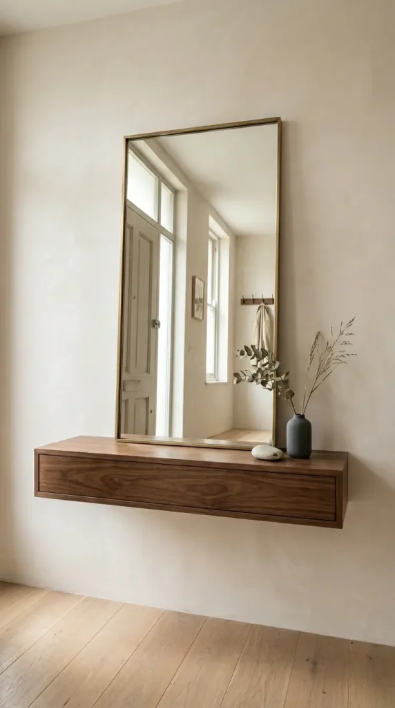31 Entryway Console Table Ideas Modern Minimal Floating 4 4. Floating Console With a Leaning Mirror