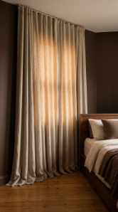 15 Bedroom Aesthetic Earthy Cocooning Cocoa Brown Warm 4 4. Hang Linen Curtains From Ceiling to Floor in Warm Oatmeal