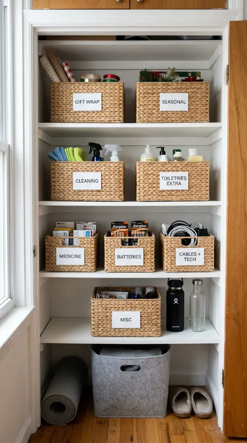 25 Small Storage Closet Organization Tiny Apartment Ideas 4 4. Labeled Basket System — Visible Category Organization