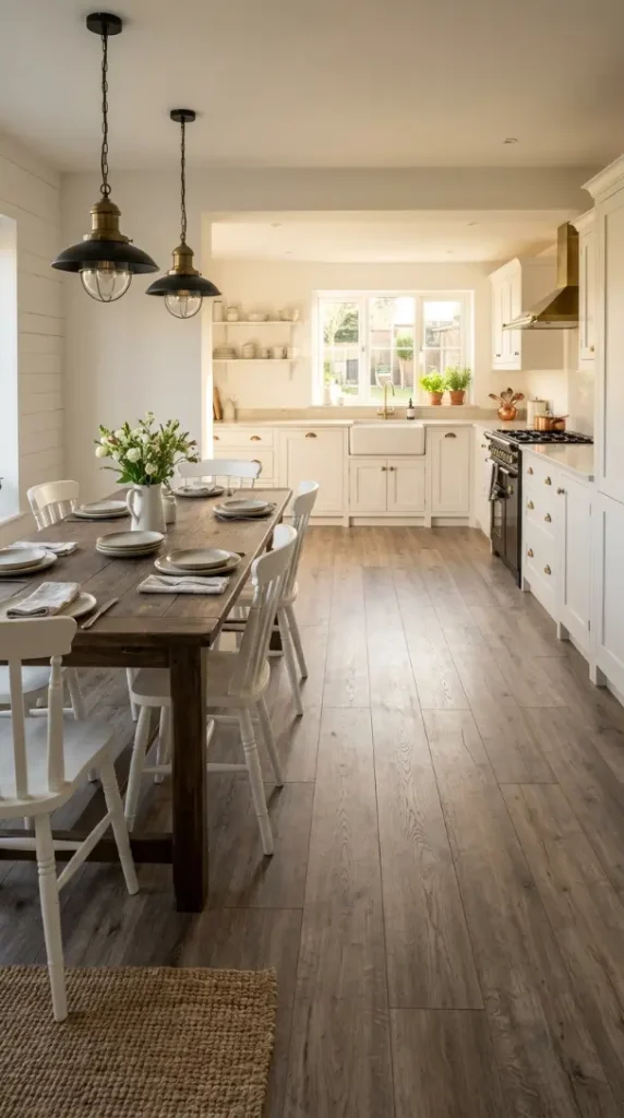 25 Affordable Farmhouse Flooring Ideas Budget Laminate Wood 4 4. Laminate Farmhouse Floor in an Open Plan Kitchen and Dining