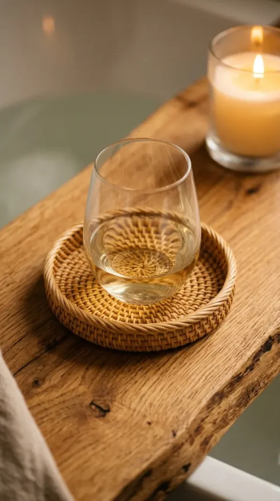 10 Bathtub Tray Ideas Boho Rattan Warm Earthy Style 4 4. Layer a Woven Rattan Coaster Beneath a Wine or Water Glass