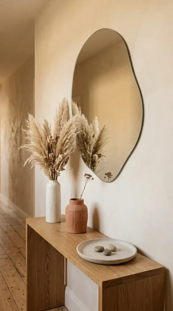 14 Hallway Mirror Ideas Organic Puddle Mirror Console 4 4. Layer the Organic Puddle Mirror With a Console Vignette of Mixed Heights