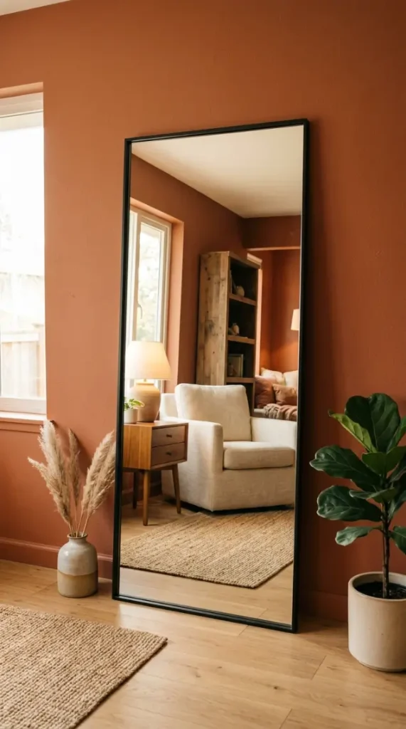 25 Full Length Mirror Living Room Slim Black Frame Minimal 4 4. Lean It Against a Warm Terracotta or Sage Green Wall