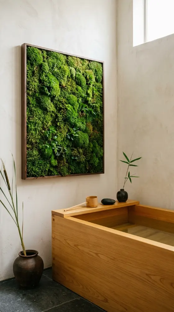 30 Bathroom Plants Decor Japandi Minimal Hinoki Tub Style 4 4. Living Moss Wall Panel Beside the Hinoki Tub
