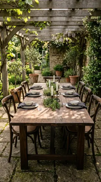26 Outdoor Patio Ideas With a Cozy Pergola Dining Setup 4 4. Long Dark Timber Dining Table as the Pergola Centerpiece