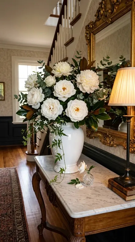 26 Entryway Console Table Ideas Traditional Marble Top 4 4. Marble Top Console With a Grand Floral Arrangement