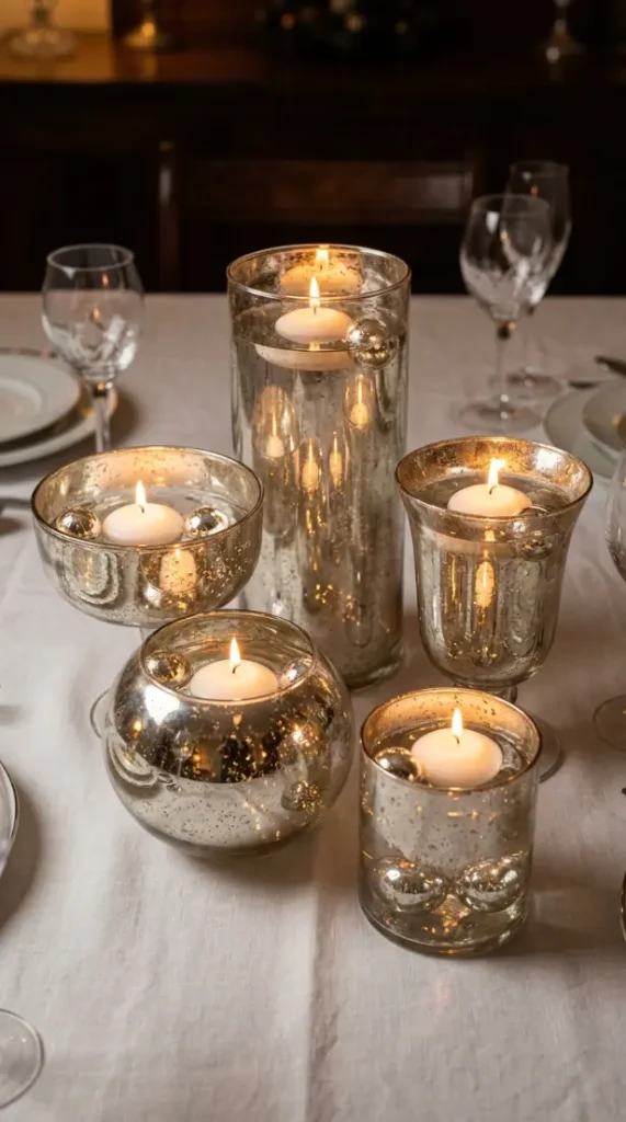 13 Festive Table Decorations Candles Floating Glass Ethereal 4 4. Mercury Glass Vessels With Floating Tea Lights and Silver Baubles