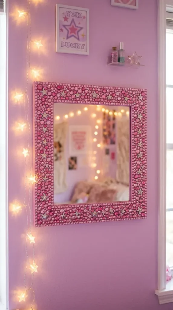12 Bedazzled Mirror Y2K Rhinestone DIY Pink Glam Bedroom 4 4. Mirror Bedazzled With Pink Rhinestones and Tiny Silver Star Charms