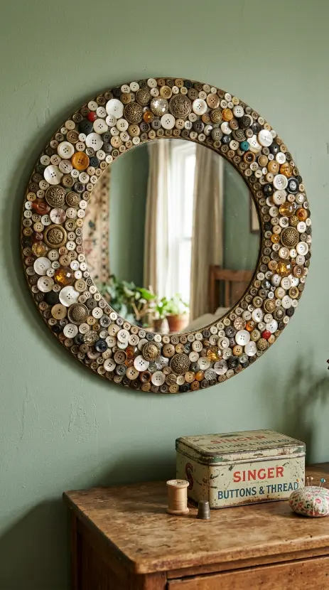 13 Bedazzled Mirror Vintage Jewelry DIY Eclectic Bedroom 4 4. Mirror Bedazzled With Vintage Buttons in Varied Sizes and Materials