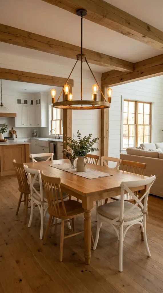 30 Modern Farmhouse Interior Design Seamless Floor Open Plan 4 4. Modern Farmhouse Dining Zone — Oak Table and Aged Brass Chandelier