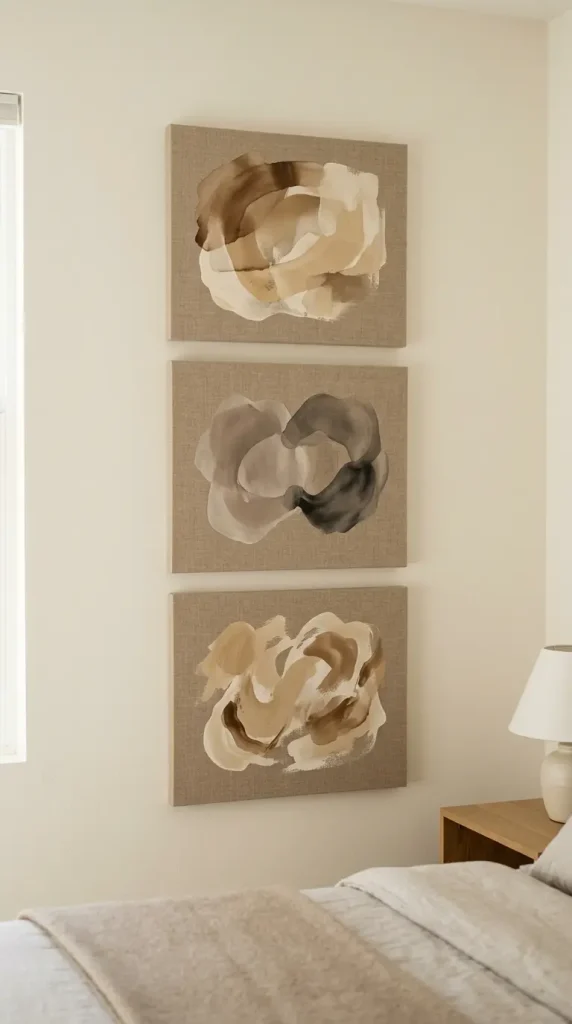 16 Minimalist Luxury Bedroom Quiet Luxury Linen Neutral Warm 4 4. Neutral Gallery Wall of Unframed Linen Mounted Art