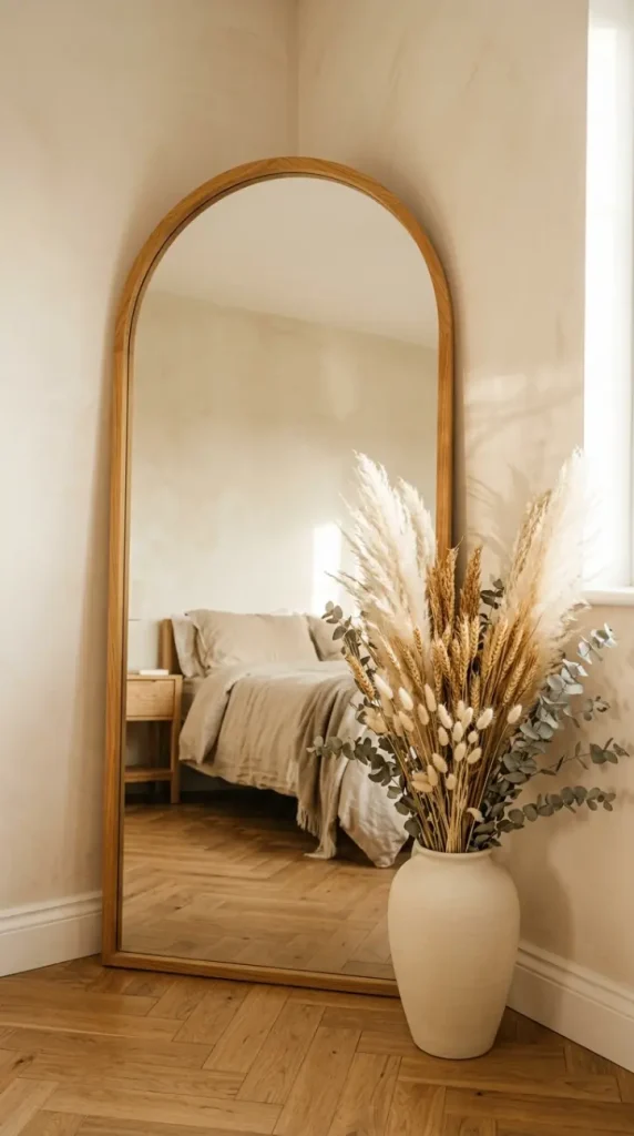 17 Big Mirror in Bedroom Oversized Oak Arch Warm Neutral 4 4. Oak Arch Mirror in a Warm Neutral Bedroom Corner With Dried Botanicals