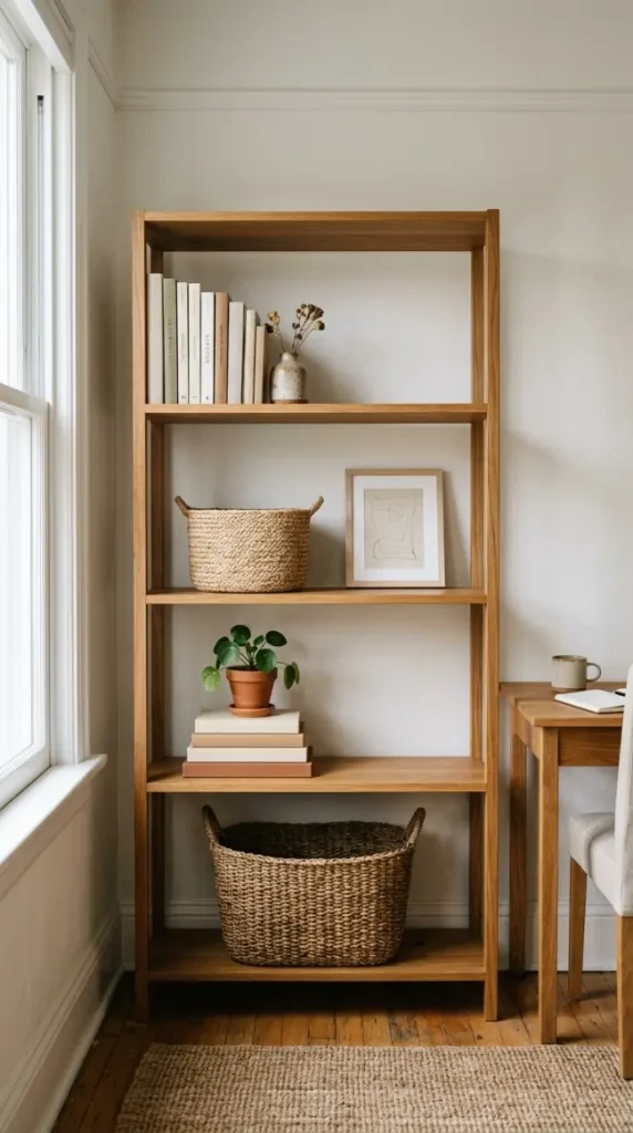 26 Cozy Home Office Warm Wood Linen Neutral Style Ideas 4 4. Open Wood Shelving Styled With Restraint