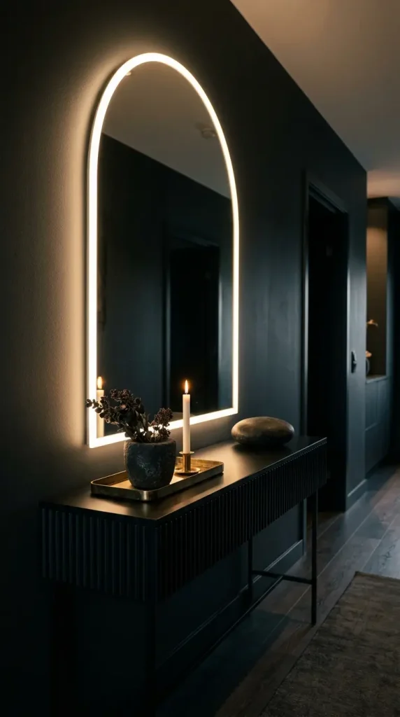 12 Hallway Mirror Ideas Arch LED Backlit Dark Luxury 4 4. Pair the Arch LED Backlit Mirror With a Fluted Black Console