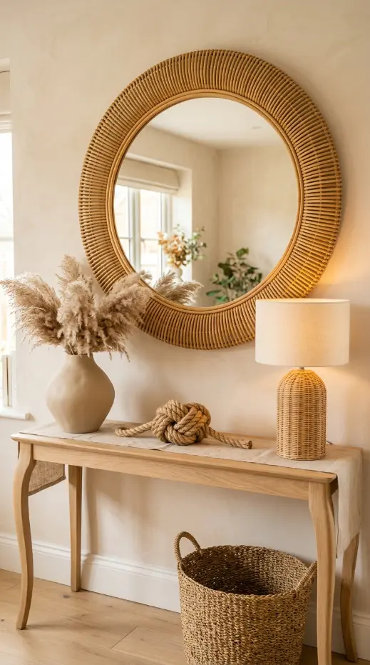 16 Console Table Styling Curved Soft Beige Rope Knot 4 4. Rattan Framed Mirror Above a Beige Console