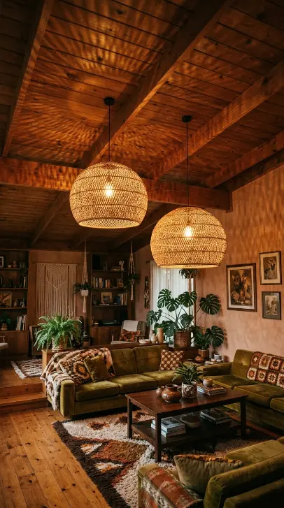 12 Vintage Home Decor Ideas 1970s Earthy Maximalist 4 4. Rattan Pendant Lighting — Large Globe or Drum Forms