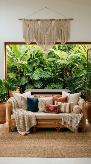 17 Indoor Outdoor Living Boho Macramé Jungle Garden View 4 4. Rattan and Linen Boho Sofa Facing Jungle Garden View