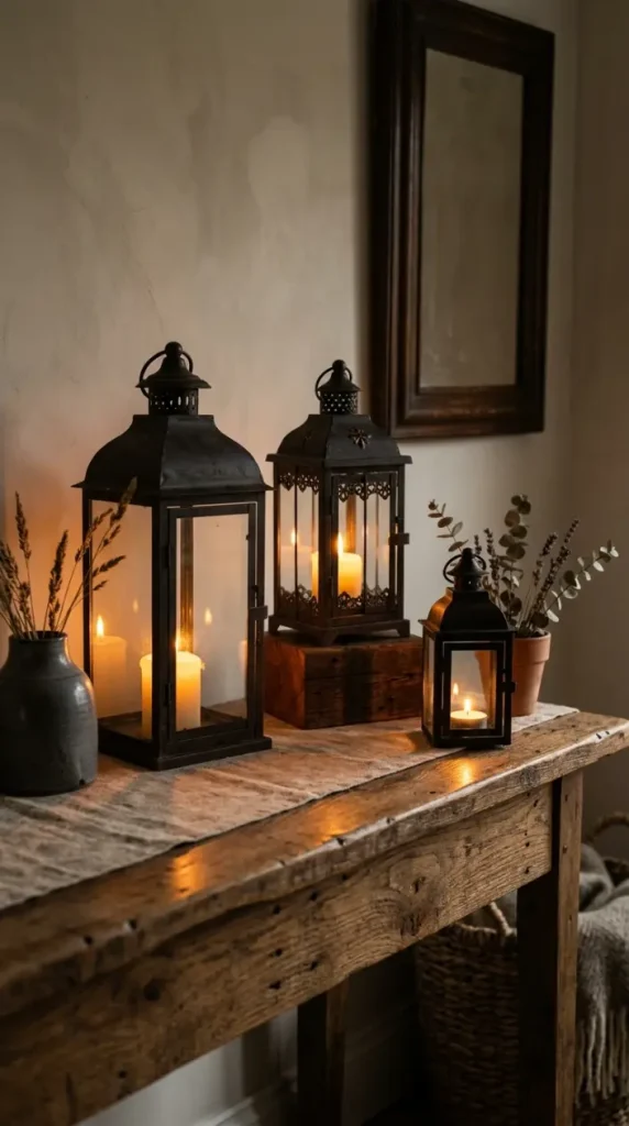 26 Console Table Styling Reclaimed Wood Rustic Farmhouse 4 4. Reclaimed Wood Console With Vintage Lanterns and Candlelight