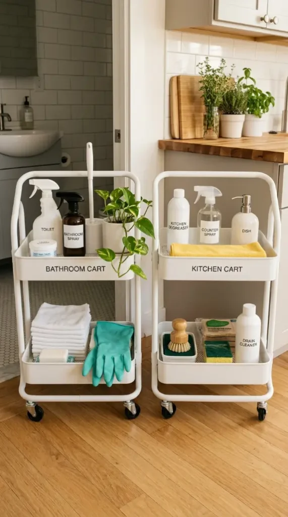 27 Cleaning Closet Organization Tiered Rolling Cart Ideas 4 4. Room-Specific Rolling Cart Kits — One Cart Per Zone
