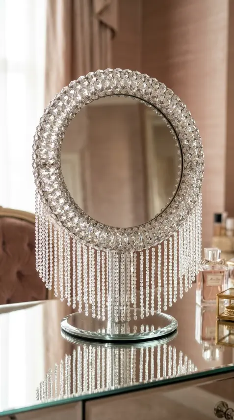 16 Bedazzled Mirror Vanity Crystal Old Hollywood Glam Decor 4 4. Round Tabletop Mirror With Crystal Fringe Trim Hanging From the Frame
