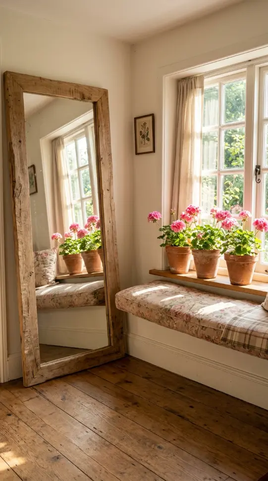 12 Floor Mirror Bedroom Cottagecore Wooden Morning Light 4 4. Rustic Mirror Leaning Beside a Window Seat With Potted Geraniums