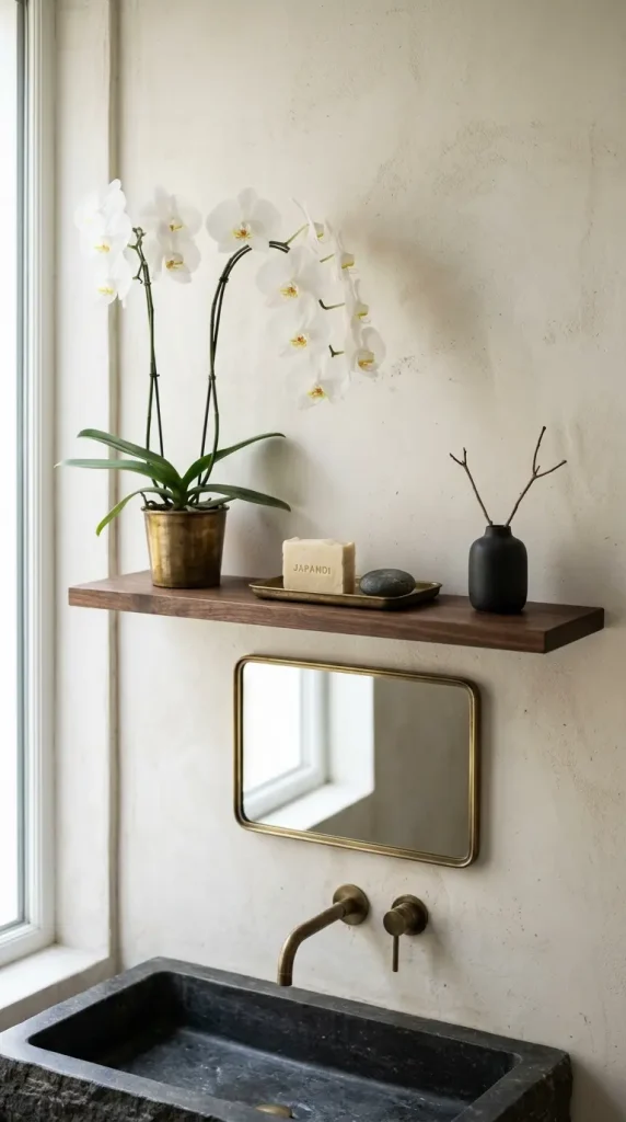 26 Bathroom Shelf Plants Decor Japandi Orchid Minimal 4 4. Shelf Above the Basin — Orchid and Aged Brass Composition
