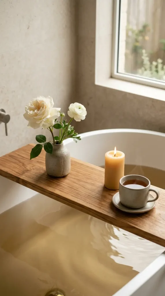18 Bath Tub Decor Ideas Freestanding Tray Quiet Luxury 4 4. Style the Tray With a Small Bud Vase of Fresh Stems