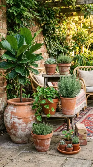 28 Outdoor Patio Ideas for a Boho Layered Living Room 4 4. Terracotta Pots in Varying Heights as Planting Architecture
