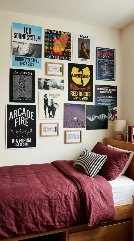 26 Dorm Bed Inspo Maximalist Gallery Wall Twin XL Style 4 4. The Band and Concert Poster Music Wall — Sonic Identity Display