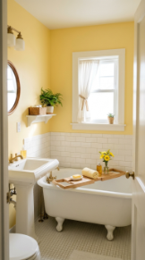 24 Small Bathroom Decor with Bathtub Caddies Vintage Pastel 4 4. The Butter Yellow Sunshine Bathroom — Cheerful Small Space Brightness