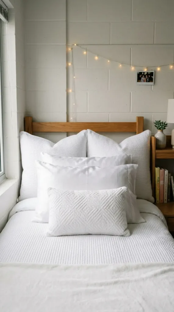 24 Dorm Bedding Ideas Clean White Minimal Luxe Hotel Style 4 4. The Graduated Pillow Stack — Euro, Standard, and Lumbar Layering