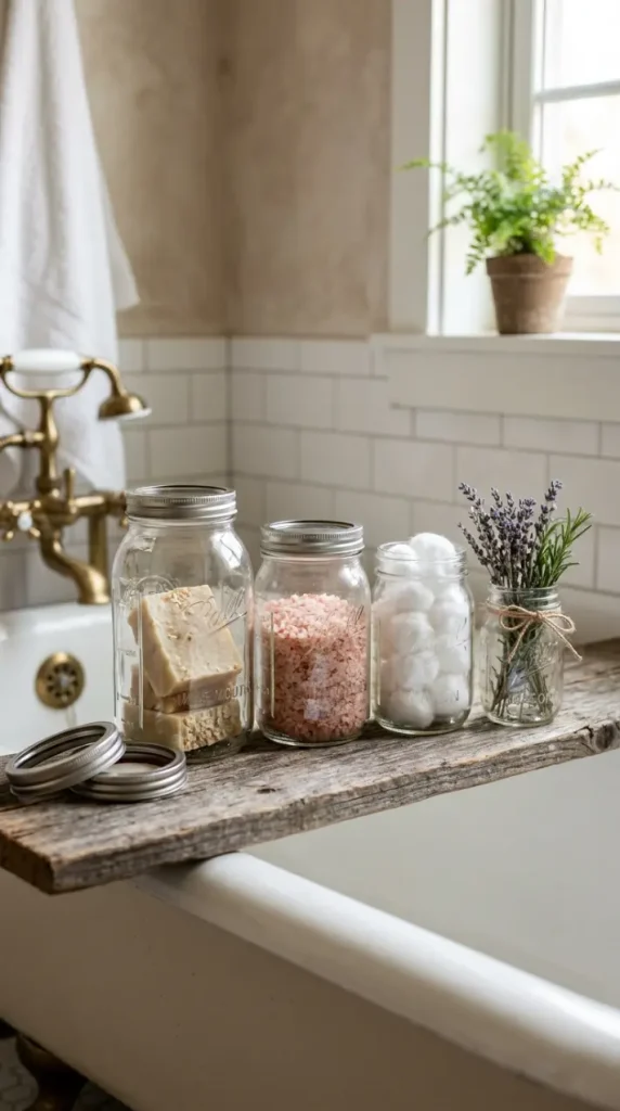 24 Rustic Bathtub Tray Ideas with Reclaimed Farmhouse Wood 4 4. The Mason Jar Soap and Bath Salt Display — Functional Farmhouse Glass