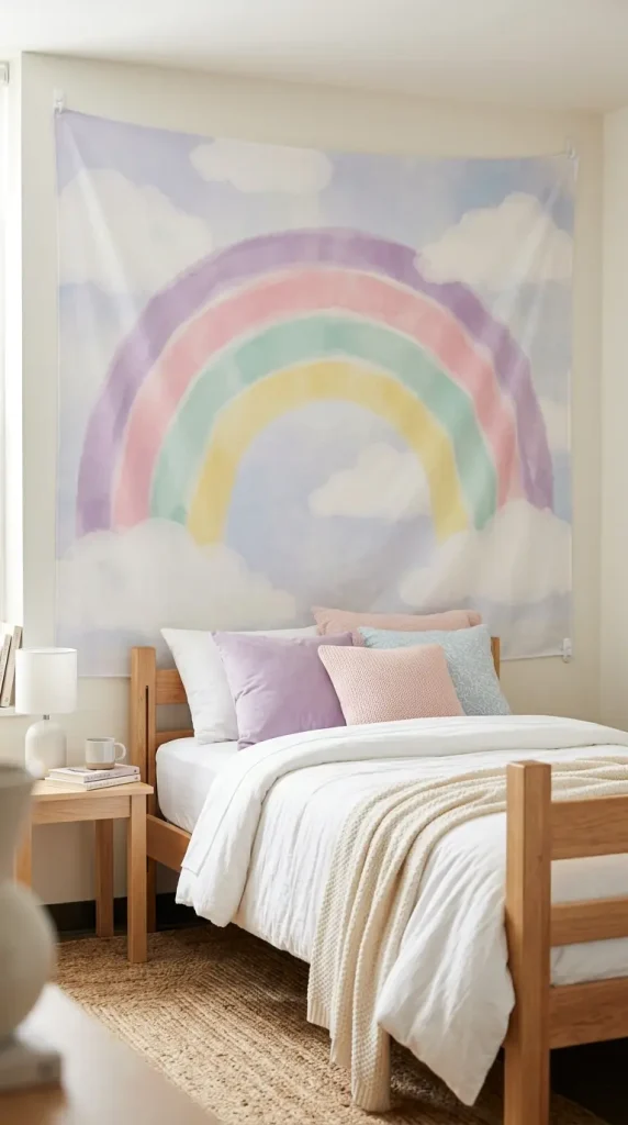 24 College Bedroom Ideas Pastel Girly Aesthetic Dreamy Style 4 4. The Pastel Rainbow Tapestry Backdrop — Soft-Focus Wall Statement