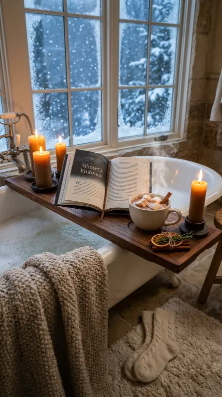 25 Bathtub Tray Ideas Reading Book Lover Cozy Style 4 4. The Winter Reading Bath — Snow Outside, Warm Tray Within