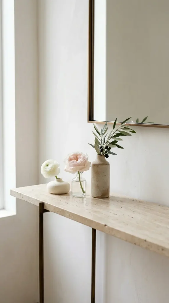 17 Flower Aesthetic Home Decor Entryway Console Quiet Luxury 4 4. Travertine Console Styled With a Trio of Bud Vases