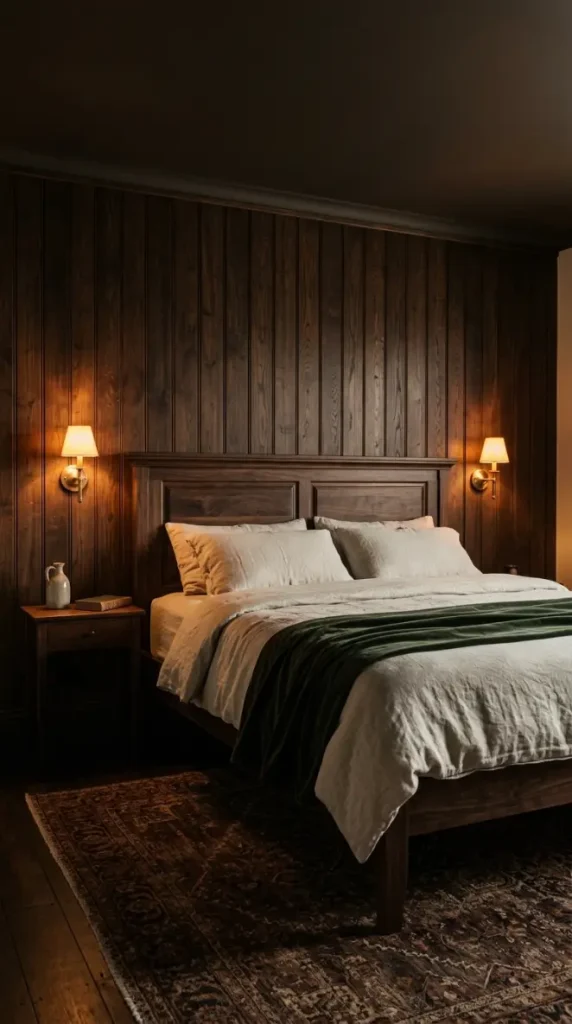 18 Vintage Bedroom Ideas Dark Brown Wood Moody Decor 4 4. Use Dark Brown Wood Panelling as the Headboard Wall