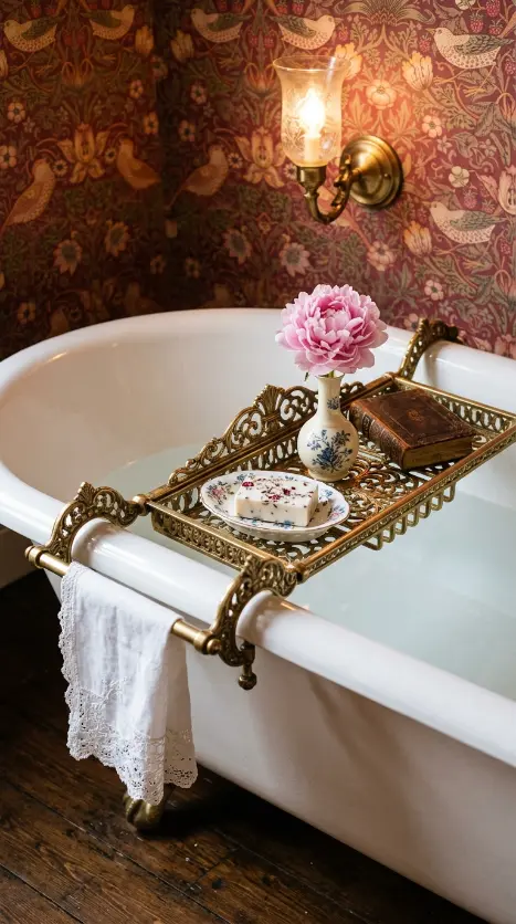 18 Bathtub Caddy Vintage Clawfoot Rustic Wood Floral Brass 4 4. Victorian Brass Clawfoot Caddy With Floral Soap Dish and Botanical Print