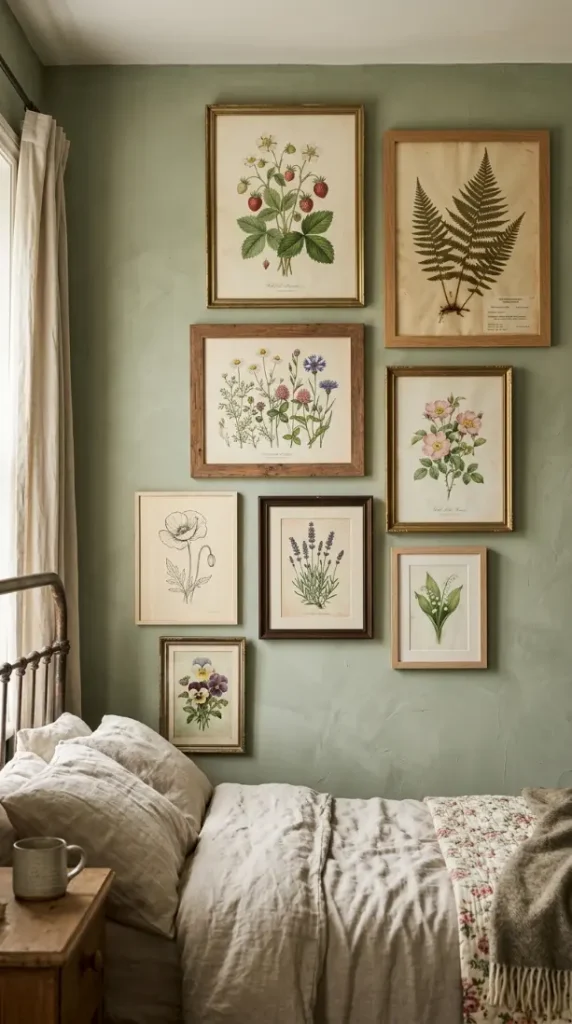 32 Cute Room Ideas for a Dreamy Cottagecore Bedroom 4 4. Vintage Botanical Print Gallery Wall