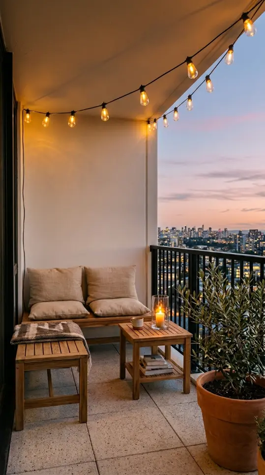 16 Minimal Outdoor Living Space Design for a Small Balcony 4 4. Warm Amber String Lights as the Only Overhead Lighting